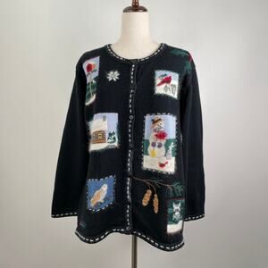 Vintage Christmas Sweater Patchwork Cardigan Button Front Holiday Black Size L